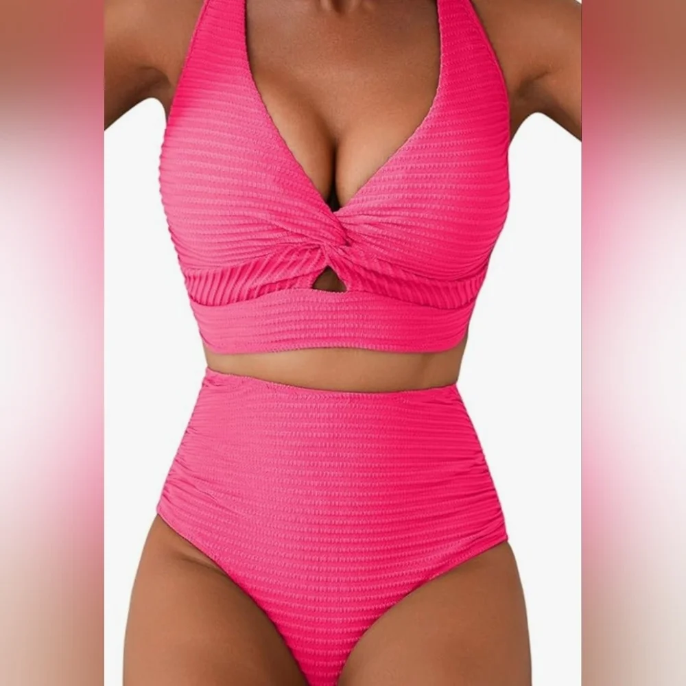 Vibrant Pink Ribbed Bikini Set size small
